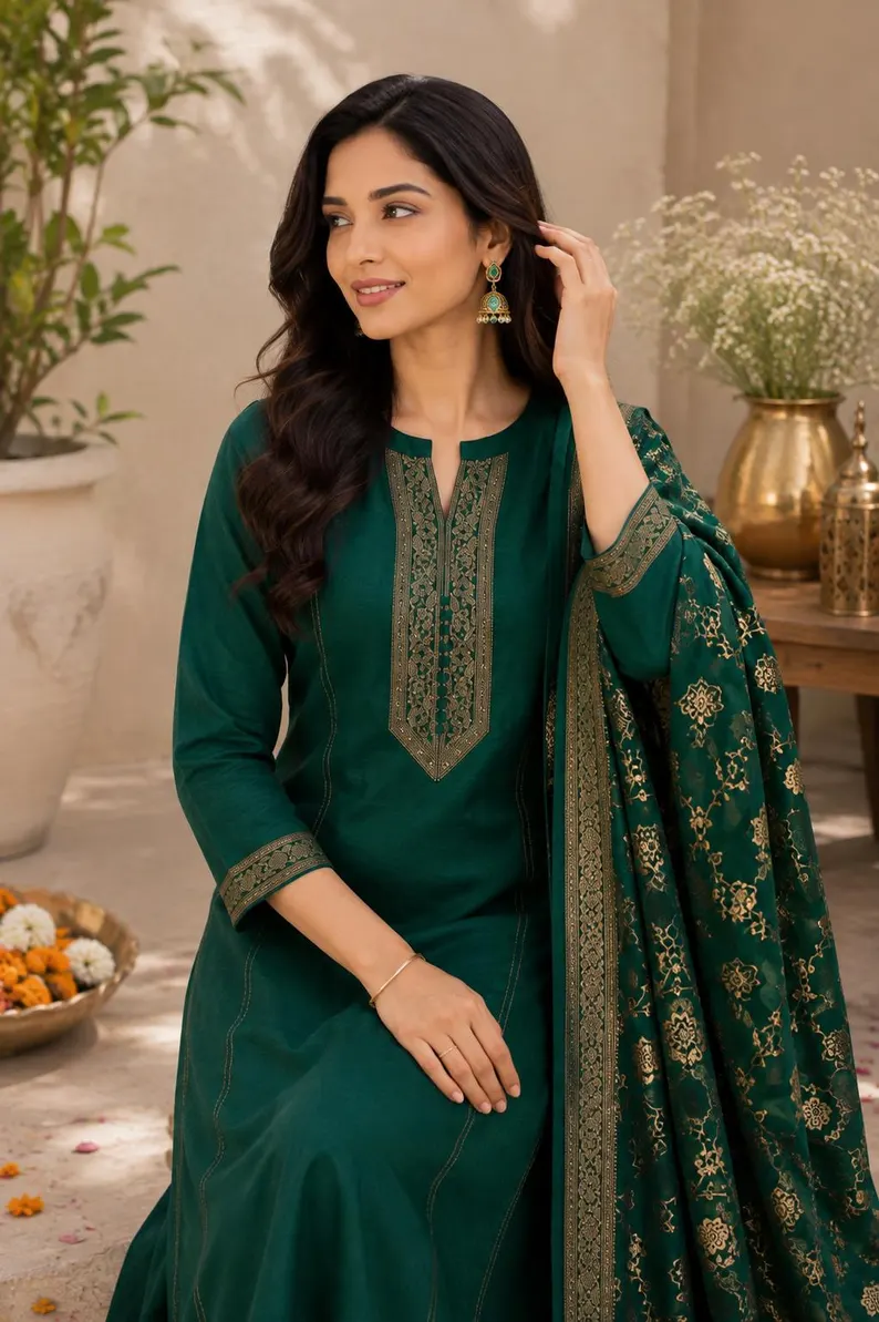 Emerald Green Silk Kurta Set with Dupatta