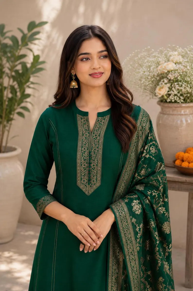 Emerald Green Silk Kurta Set with Dupatta