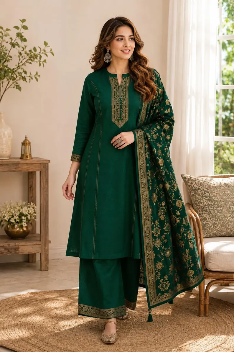 Emerald Green Silk Kurta Set with Dupatta